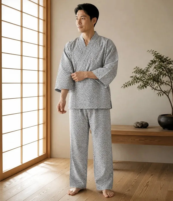 Seapoom Men's Seigaiha Samue Japanese Cotton Kimono Pajamas Set