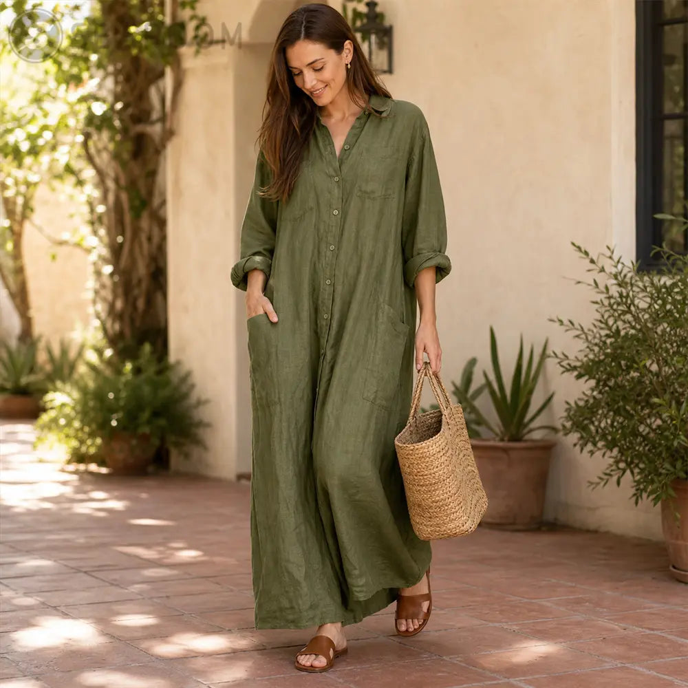 Seapoom Women’s Cotton Linen Button-Down Maxi Shirt Dress with Pockets