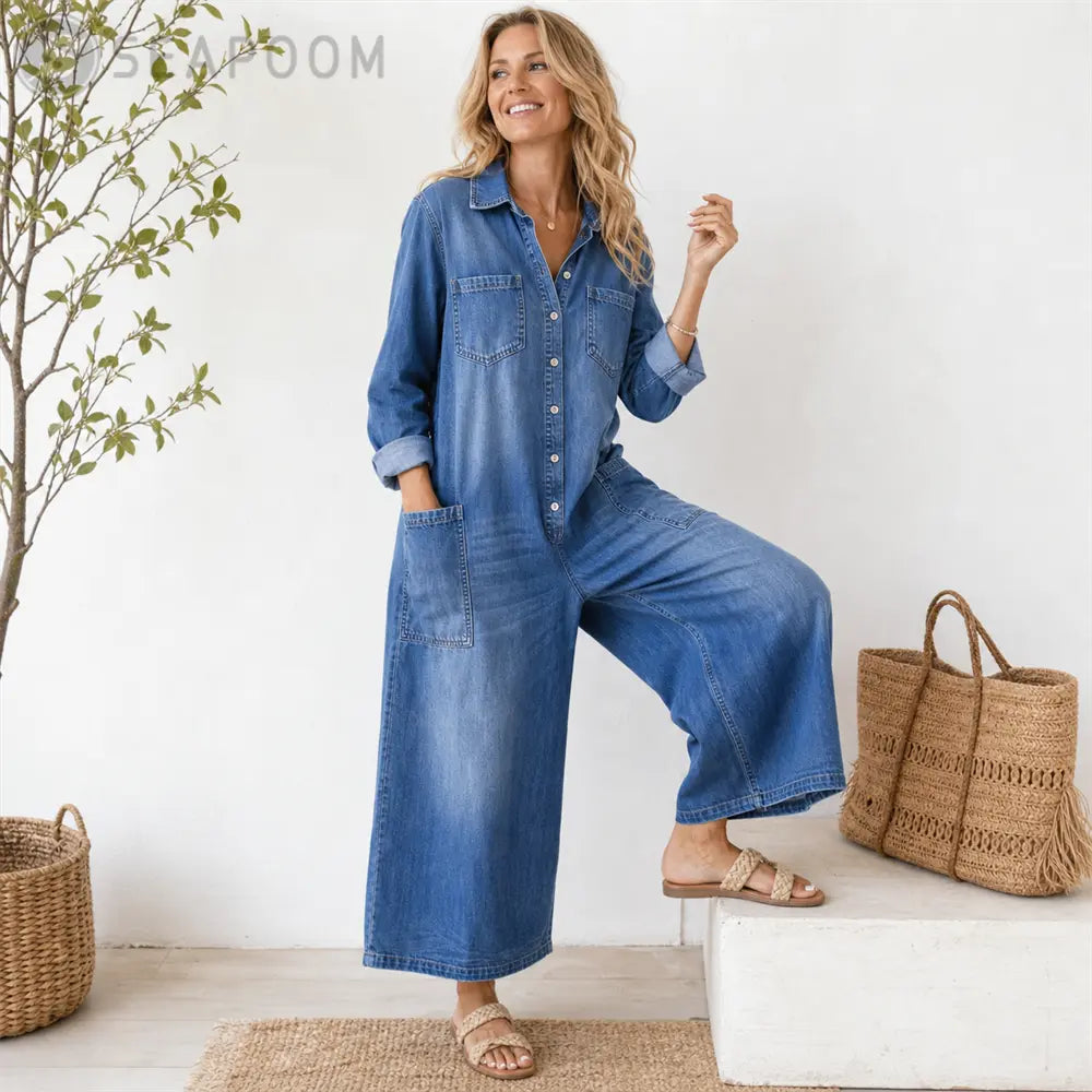 Seapoom Women’s Casual Denim Wide-Leg Jumpsuit with Pockets