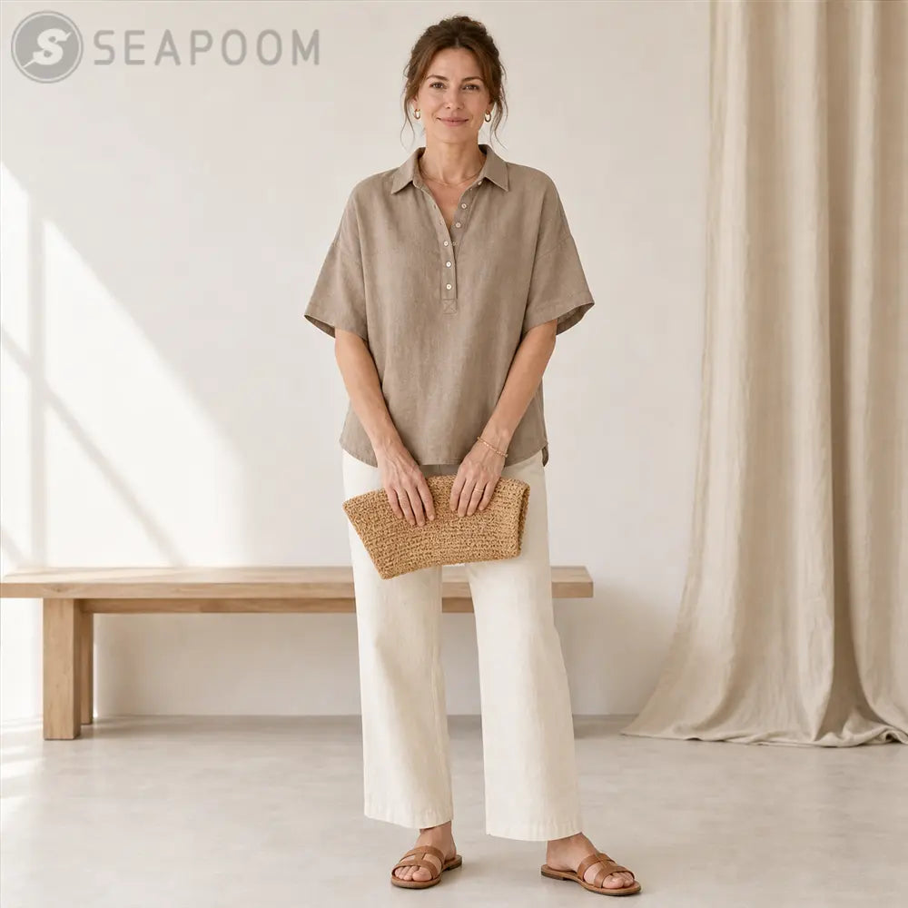 Seapoom Women’s Linen Short Sleeve Polo Top