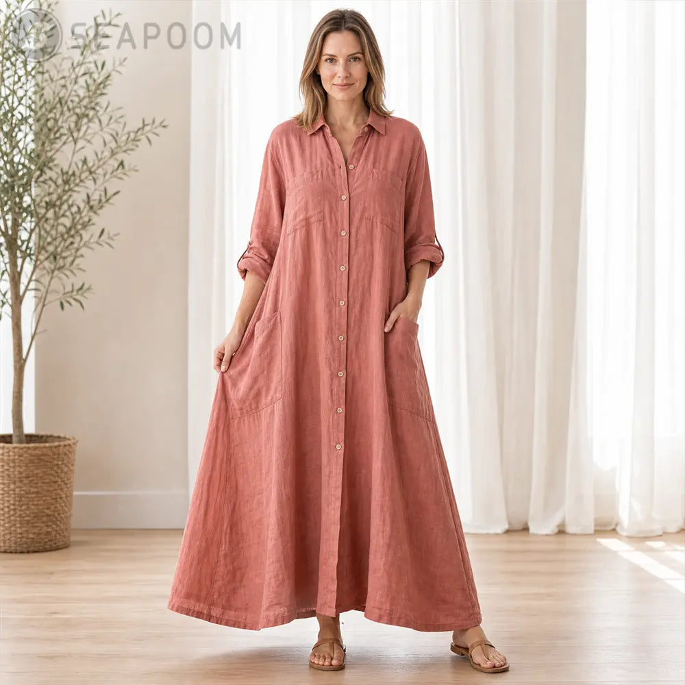 Seapoom Women’s Cotton Linen Button-Down Maxi Shirt Dress with Pockets