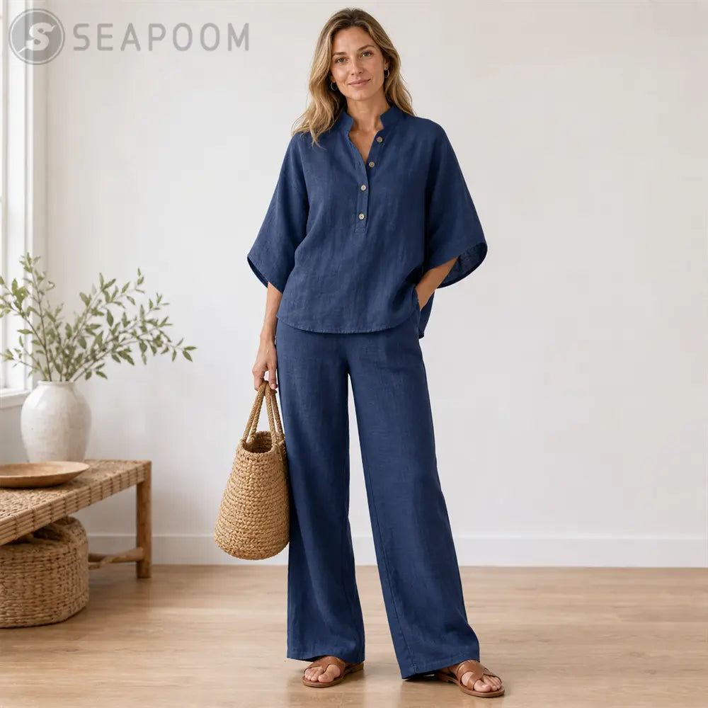 Seapoom Women’s Cotton Linen Two Piece Set - Relaxed Short Sleeve Top & Wide Leg Pants