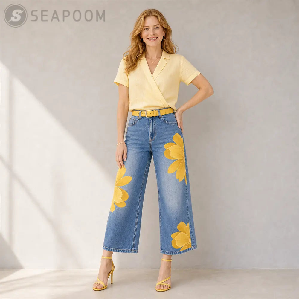 Seapoom Women’s Floral Print Cropped Wide Leg Jeans