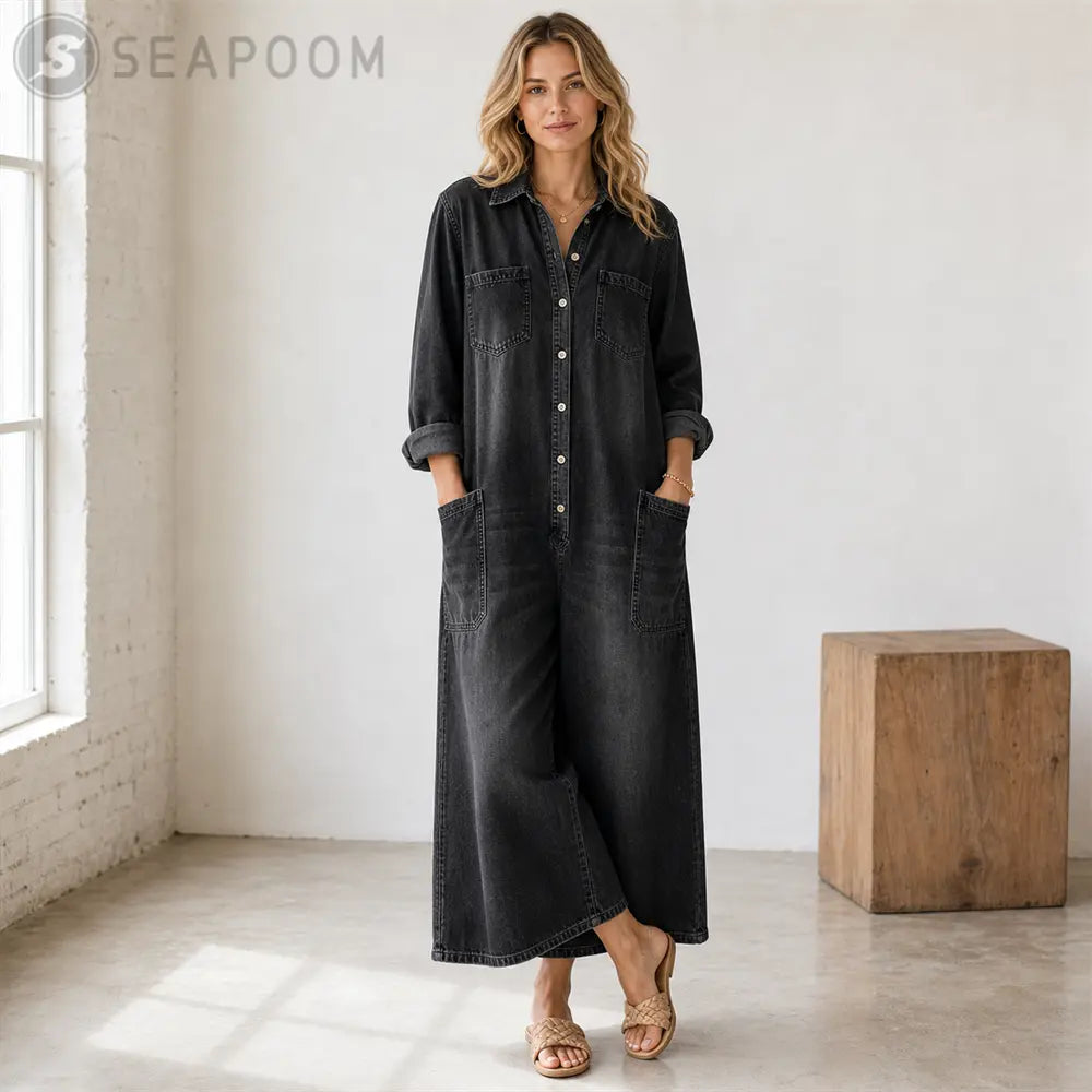 Seapoom Women’s Casual Denim Wide-Leg Jumpsuit with Pockets