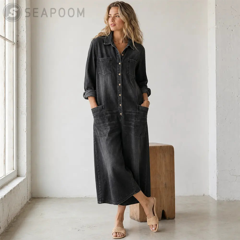 Seapoom Women’s Casual Denim Wide-Leg Jumpsuit with Pockets