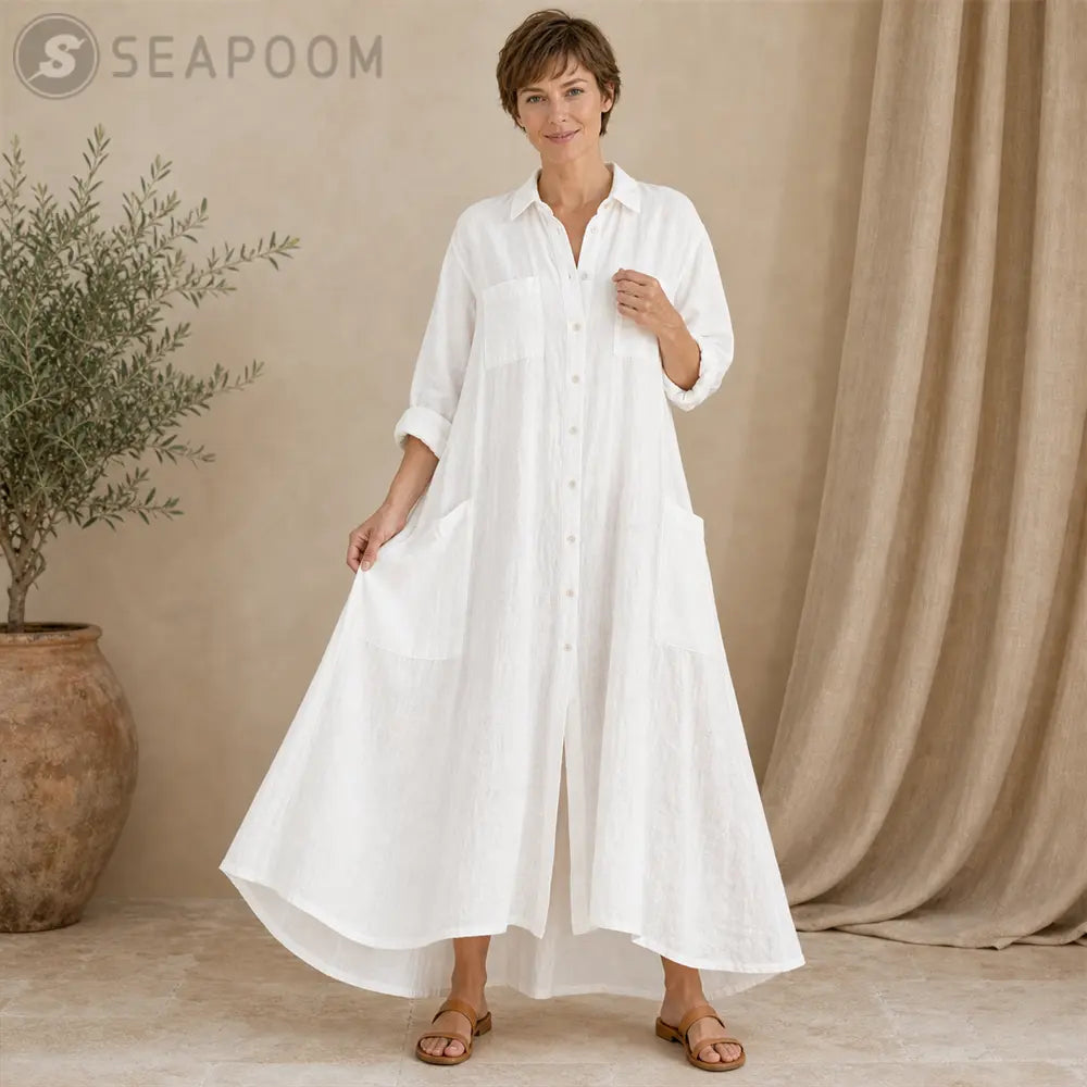 Seapoom Women’s Cotton Linen Button-Down Maxi Shirt Dress with Pockets