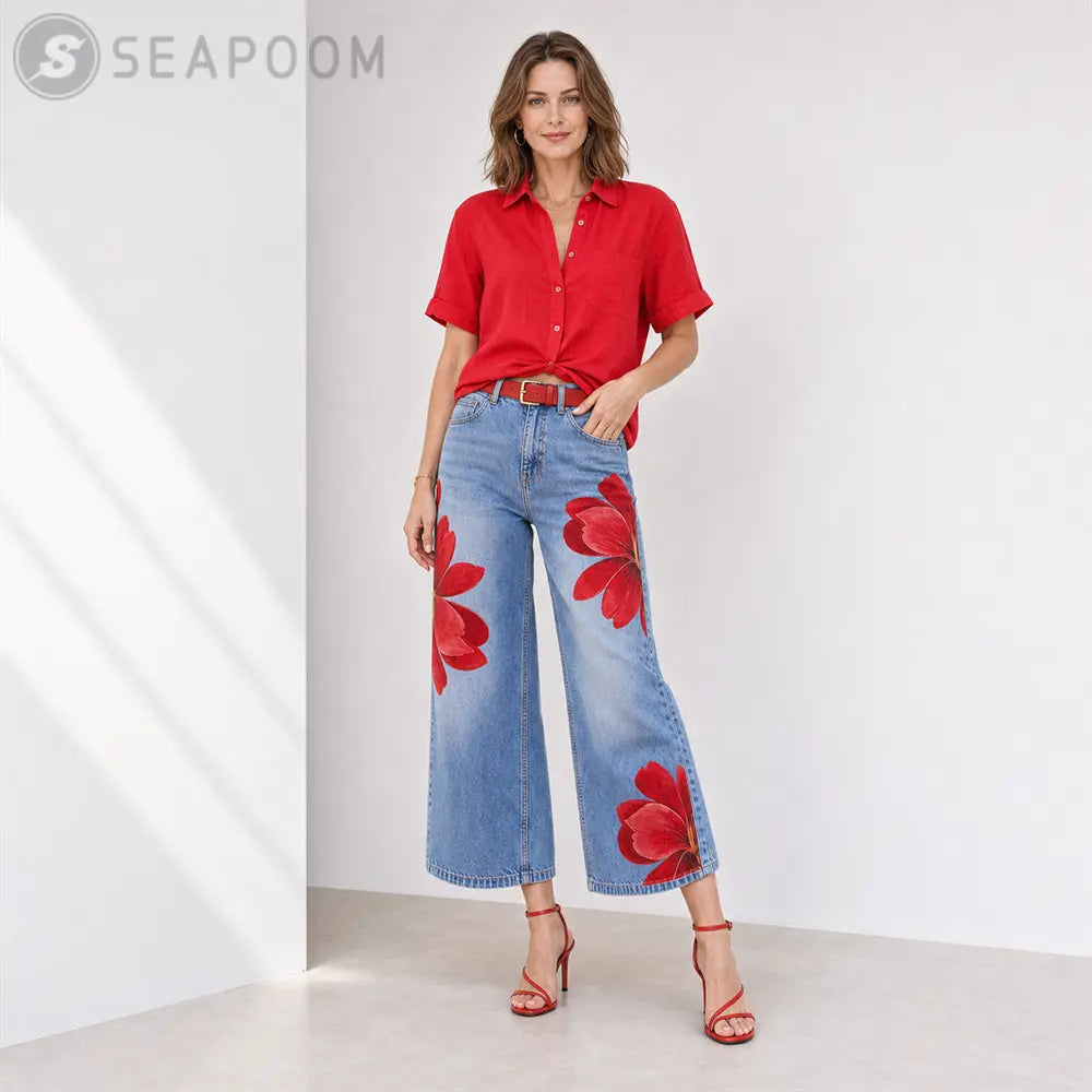 Seapoom Women’s Floral Print Cropped Wide Leg Jeans