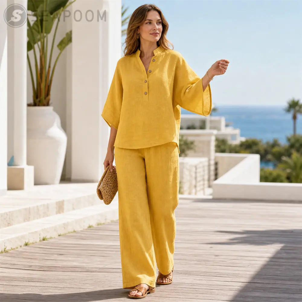 Seapoom Women’s Cotton Linen Two Piece Set - Relaxed Short Sleeve Top & Wide Leg Pants
