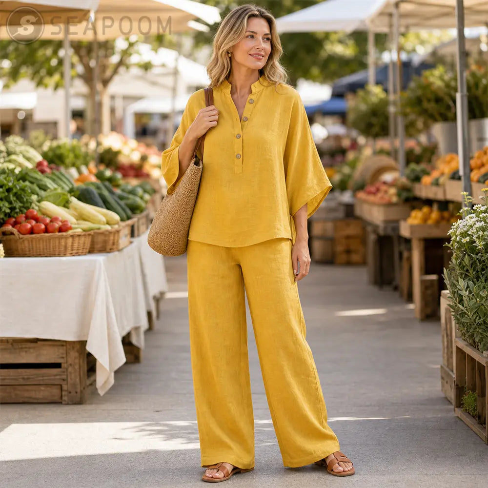 Seapoom Women’s Cotton Linen Two Piece Set - Relaxed Short Sleeve Top & Wide Leg Pants