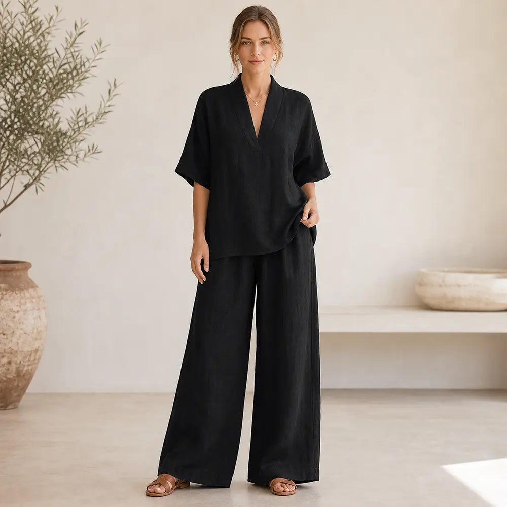 Seapooom Women’s Linen Two Piece Set - V Neck Loose Top and Wide Leg Pants