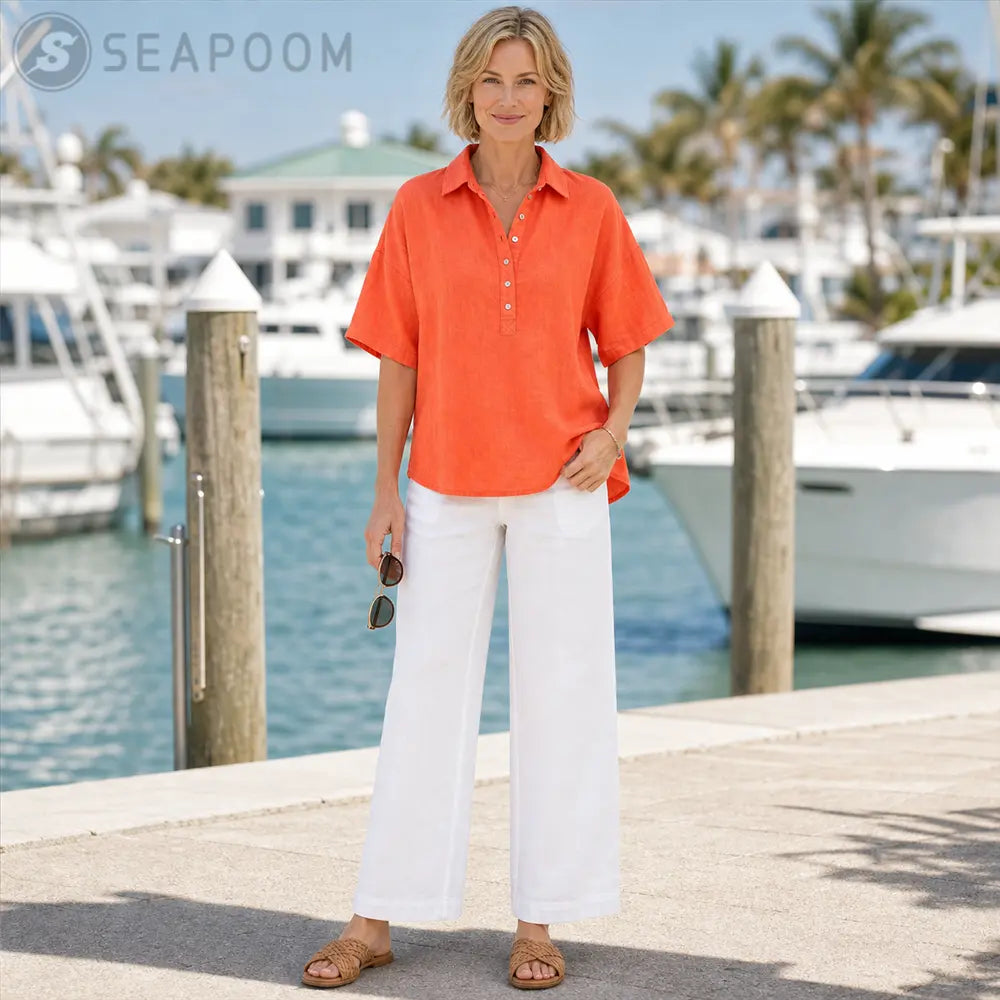Seapoom Women’s Linen Short Sleeve Polo Top