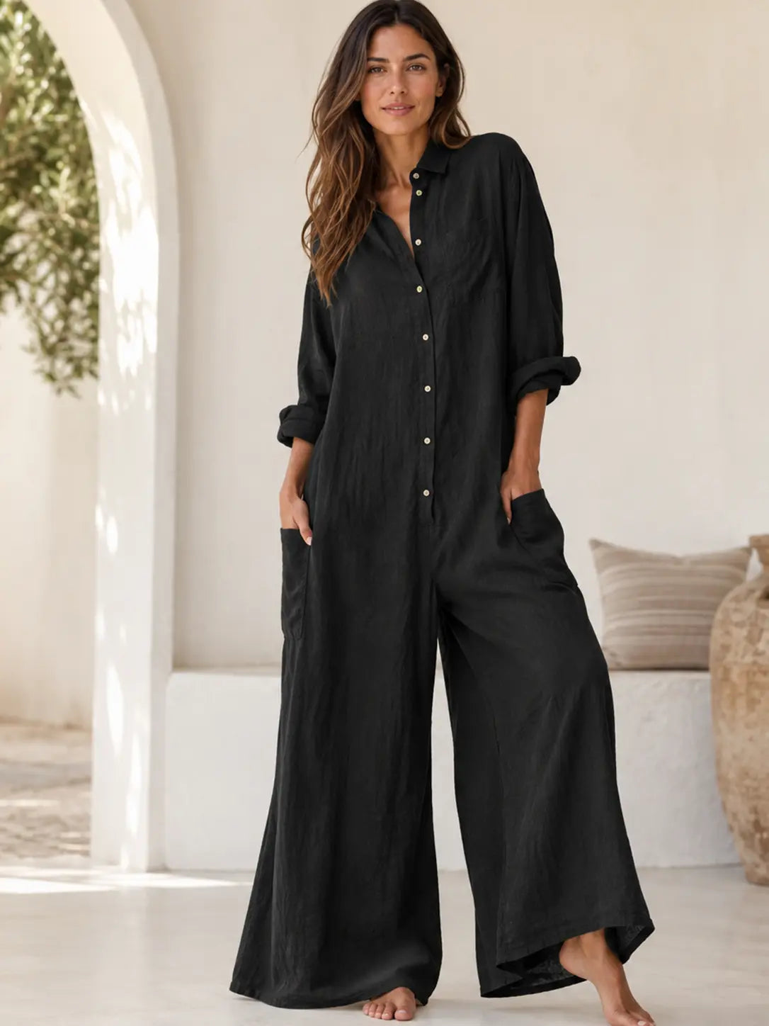 Seapoom Women’s Cotton Linen Button-Down Maxi Shirt Dress with Pockets