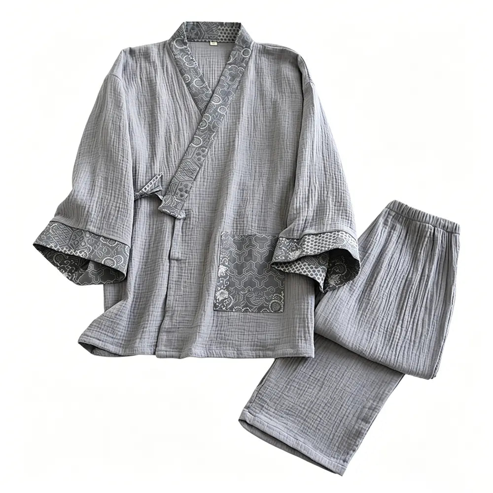 Japanese Cotton Samue Lounge Set - Kimono-Style Wrap Top & Relaxed Pants