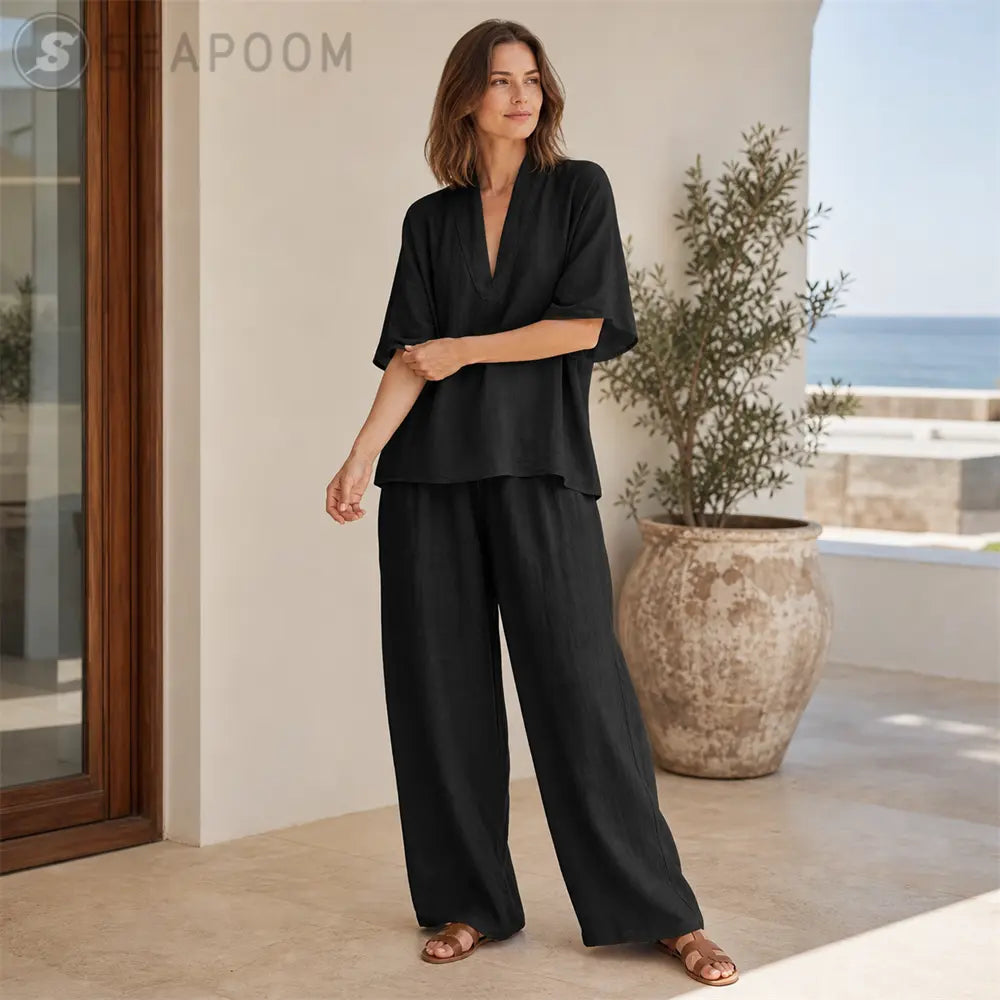 Seapooom Women’s Linen Two Piece Set - V Neck Loose Top and Wide Leg Pants