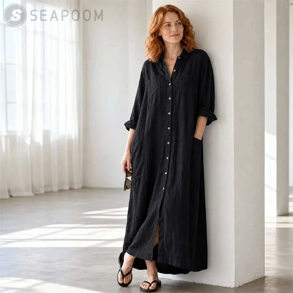 Seapoom Women’s Cotton Linen Button-Down Maxi Shirt Dress with Pockets