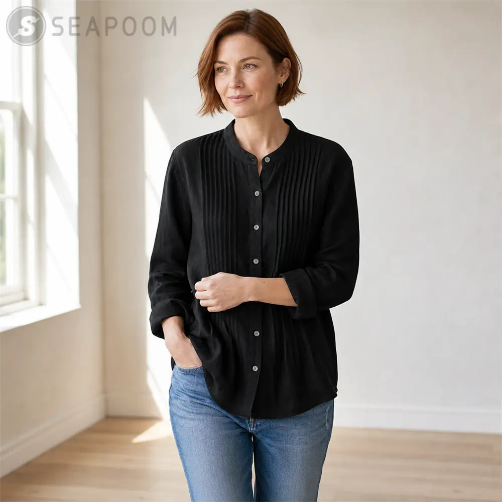 Seapoom Women’s Cotton Button Front Pintuck Blouse