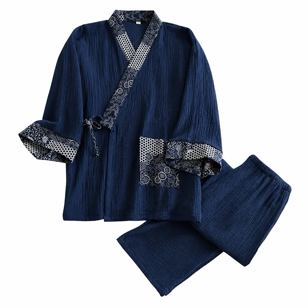 Japanese Cotton Samue Lounge Set - Kimono-Style Wrap Top & Relaxed Pants
