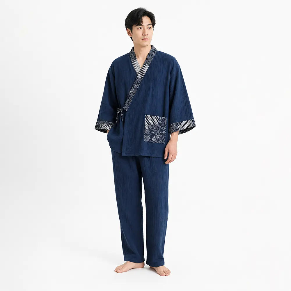 Japanese Cotton Samue Lounge Set - Kimono-Style Wrap Top & Relaxed Pants