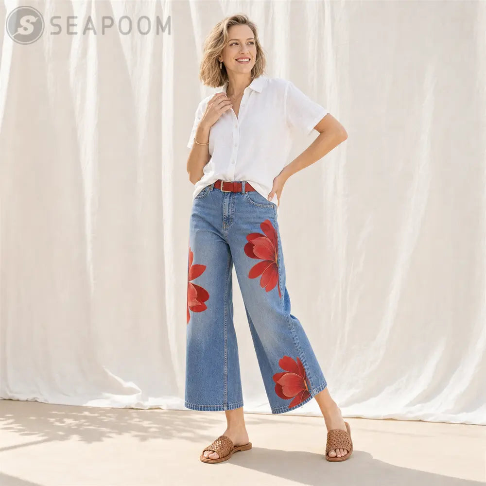 Seapoom Women’s Floral Print Cropped Wide Leg Jeans