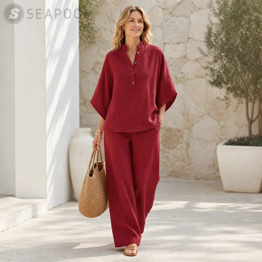 Seapoom Women’s Cotton Linen Two Piece Set - Relaxed Short Sleeve Top & Wide Leg Pants