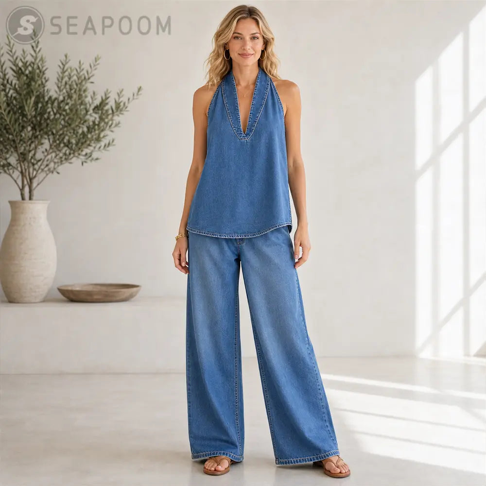 Seapoom Women's Denim Cotton Halter V-Neck Two Piece Set