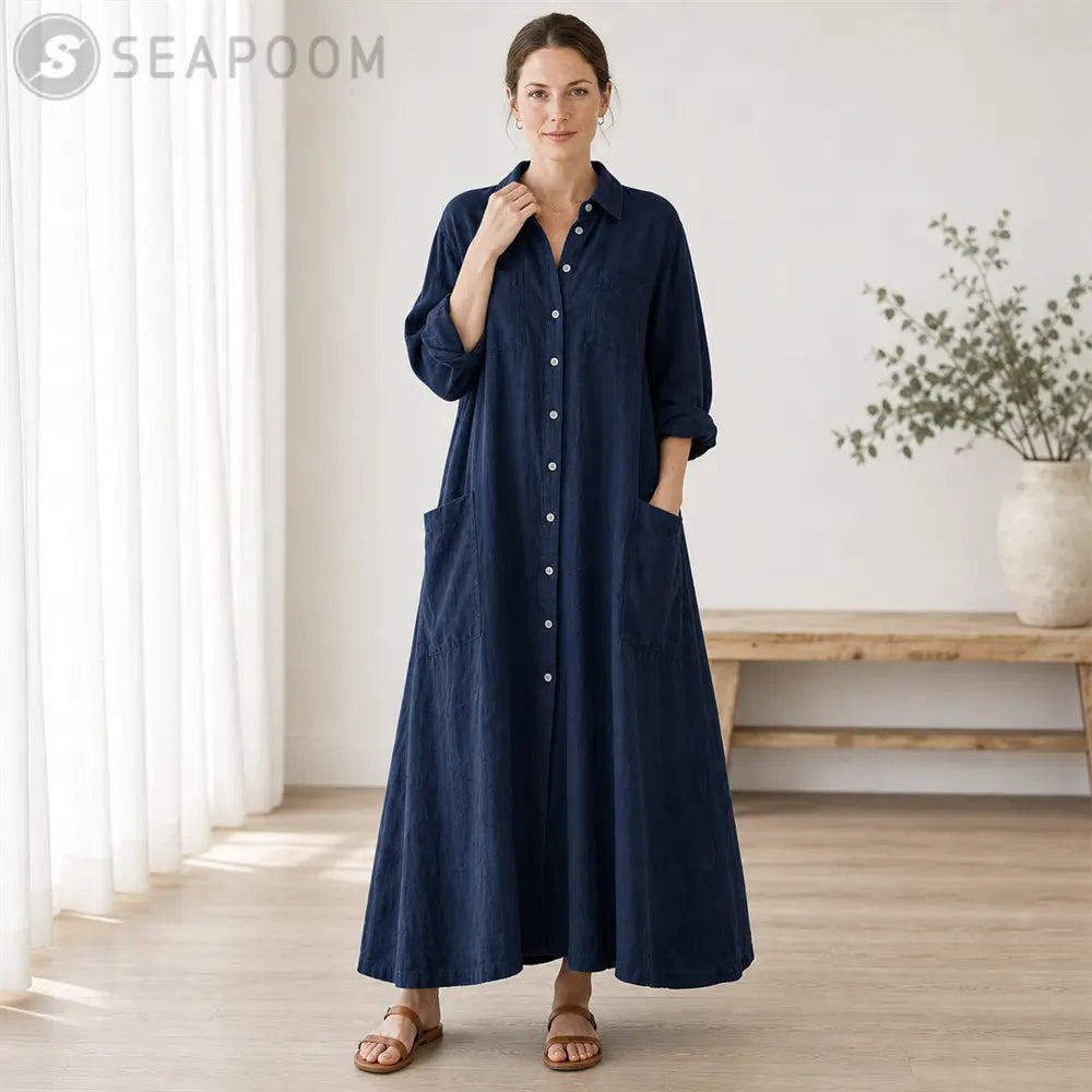 Seapoom Women’s Cotton Linen Button-Down Maxi Shirt Dress with Pockets