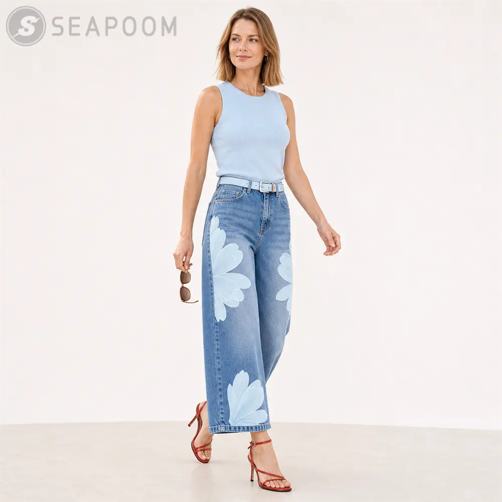 Seapoom Women’s Floral Print Cropped Wide Leg Jeans