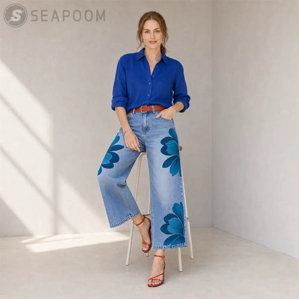 Seapoom Women’s Floral Print Cropped Wide Leg Jeans
