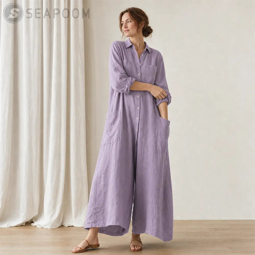 Seapoom Women’s Cotton Linen Button-Down Maxi Shirt Dress with Pockets