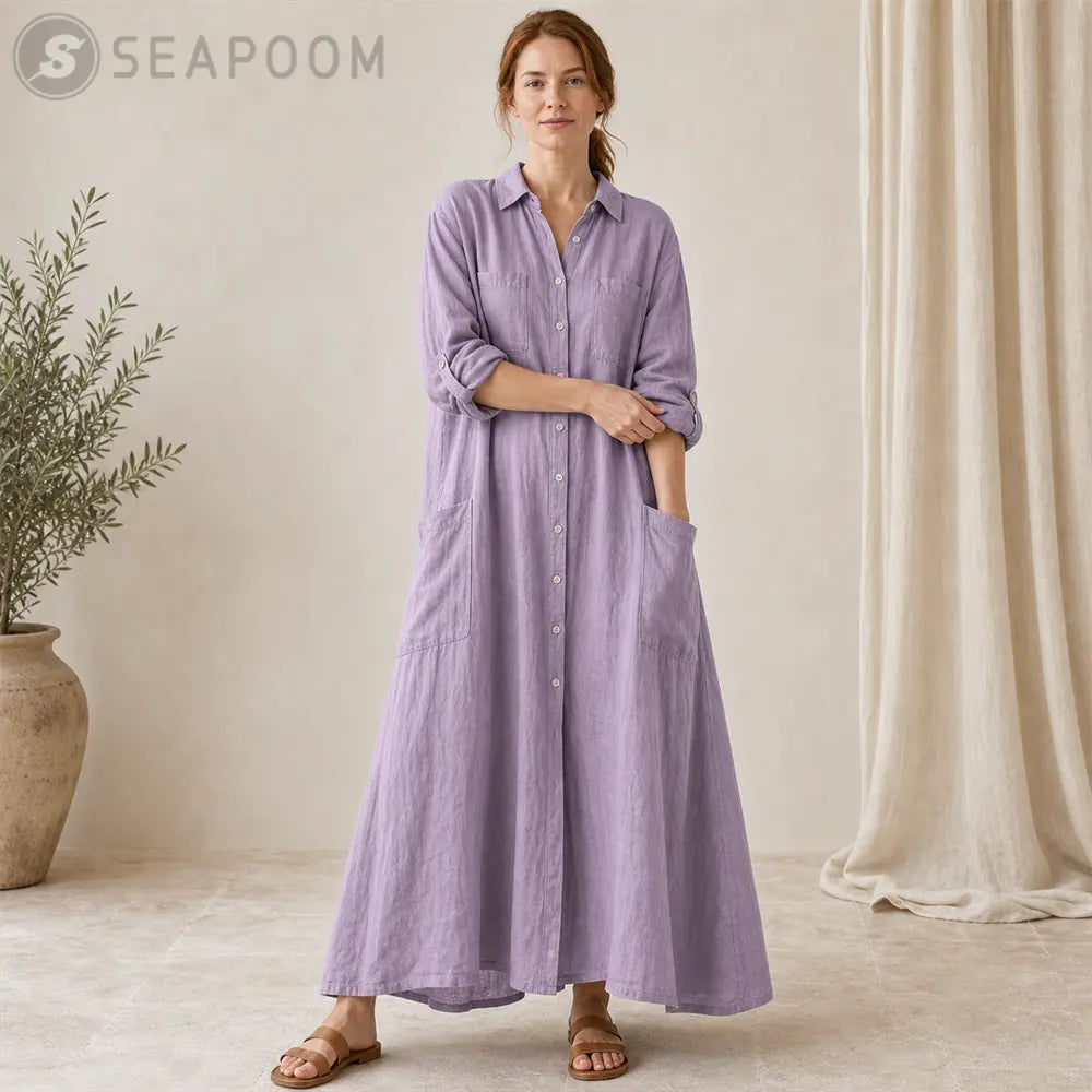 Seapoom Women’s Cotton Linen Button-Down Maxi Shirt Dress with Pockets