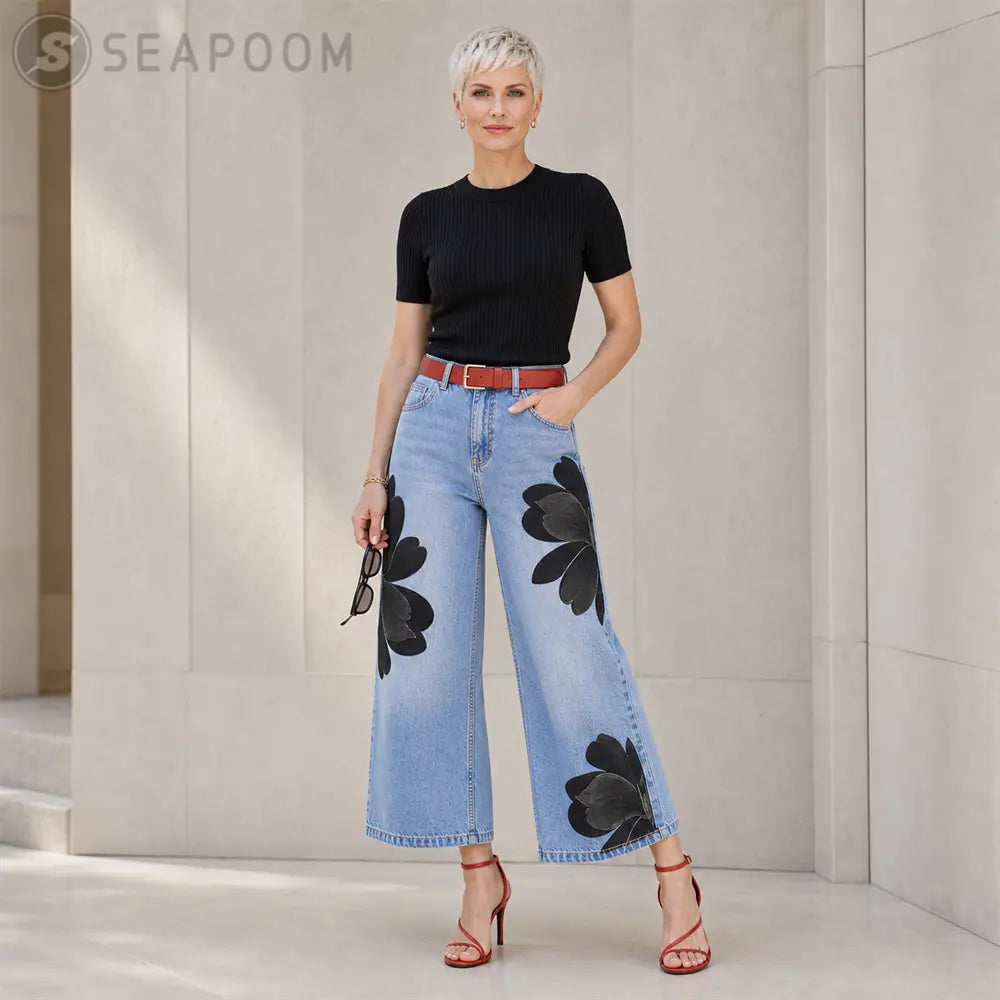 Seapoom Women’s Floral Print Cropped Wide Leg Jeans