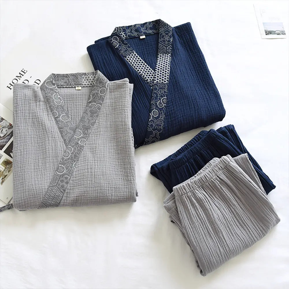 Japanese Cotton Samue Lounge Set - Kimono-Style Wrap Top & Relaxed Pants