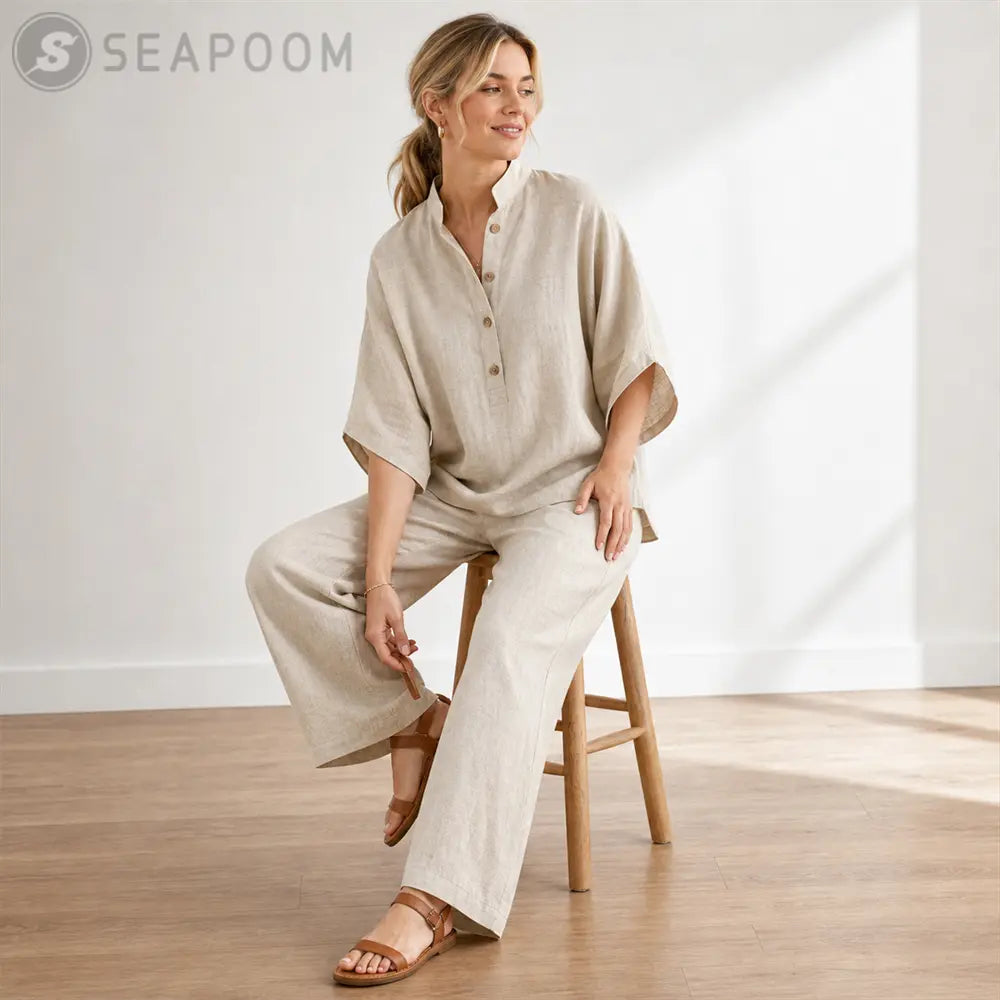 Seapoom Women’s Cotton Linen Two Piece Set - Relaxed Short Sleeve Top & Wide Leg Pants