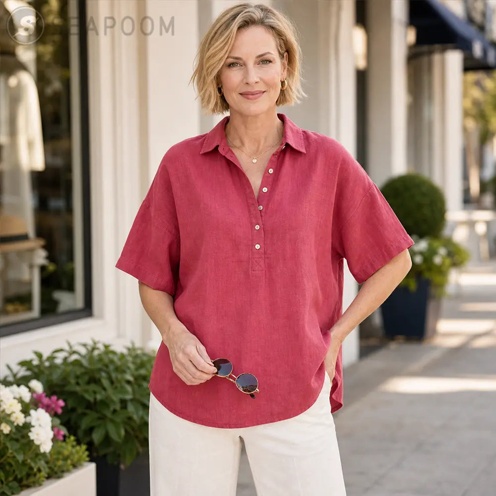 Seapoom Women’s Linen Short Sleeve Polo Top