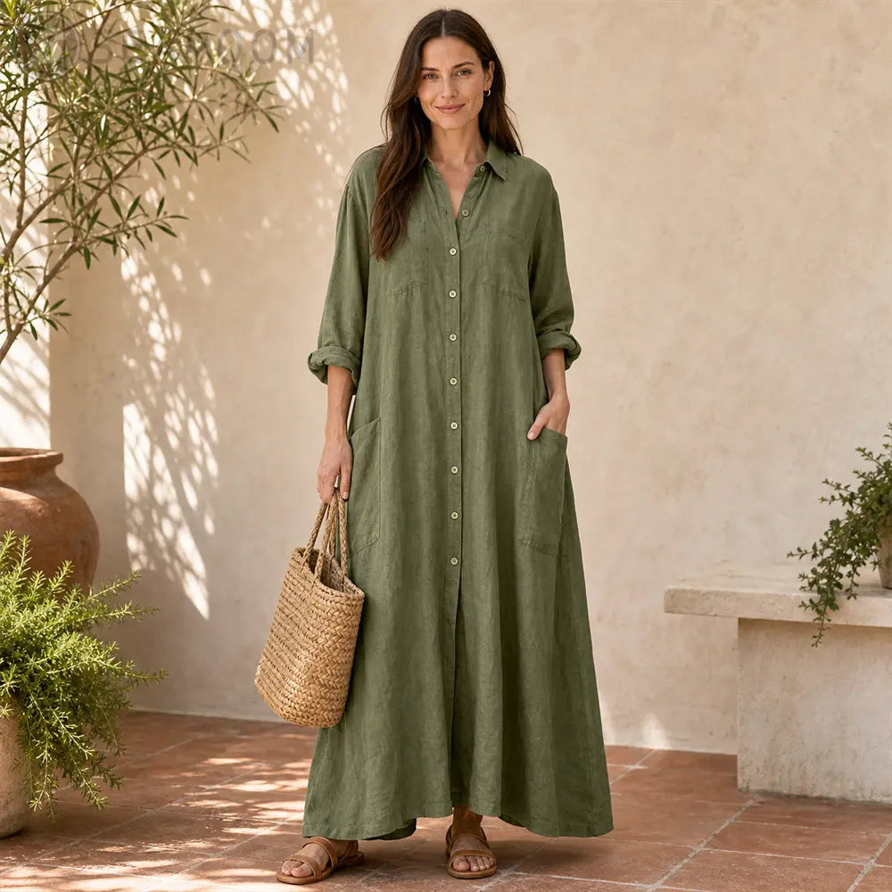 Seapoom Women’s Cotton Linen Button-Down Maxi Shirt Dress with Pockets