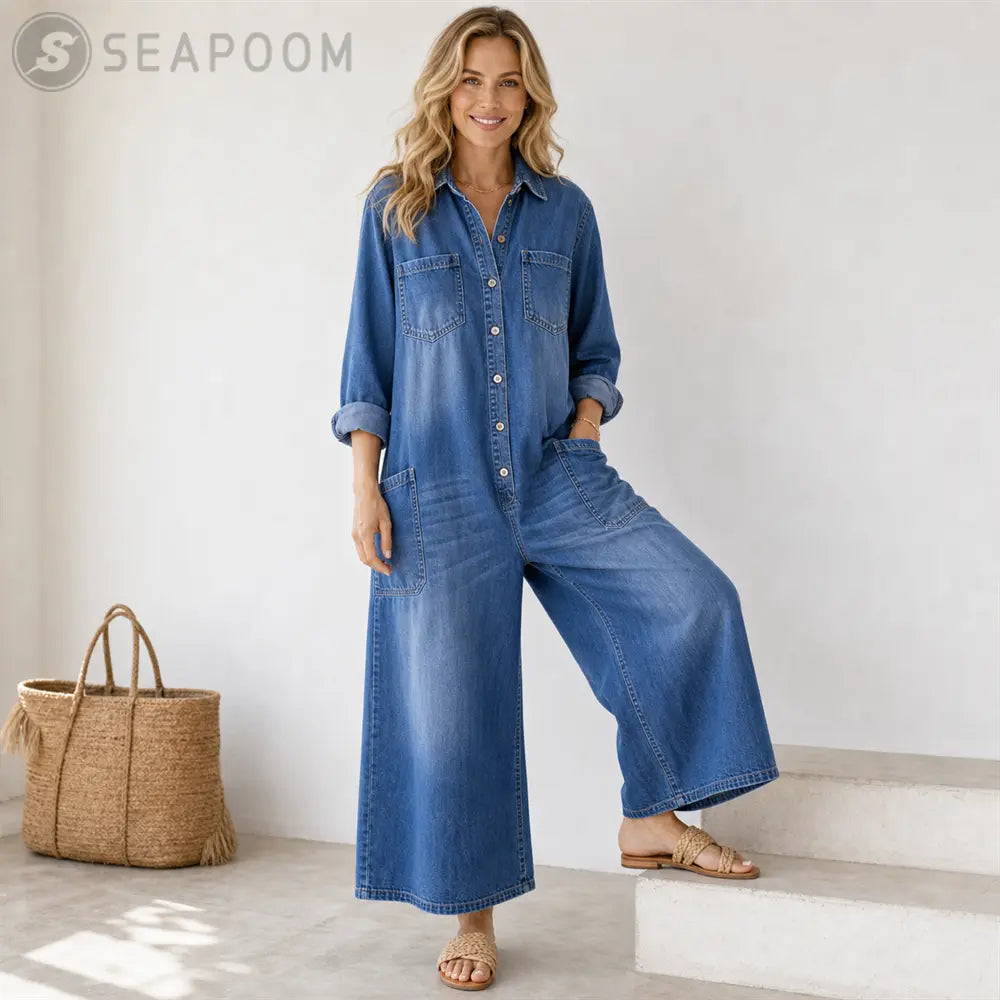 Seapoom Women’s Casual Denim Wide-Leg Jumpsuit with Pockets