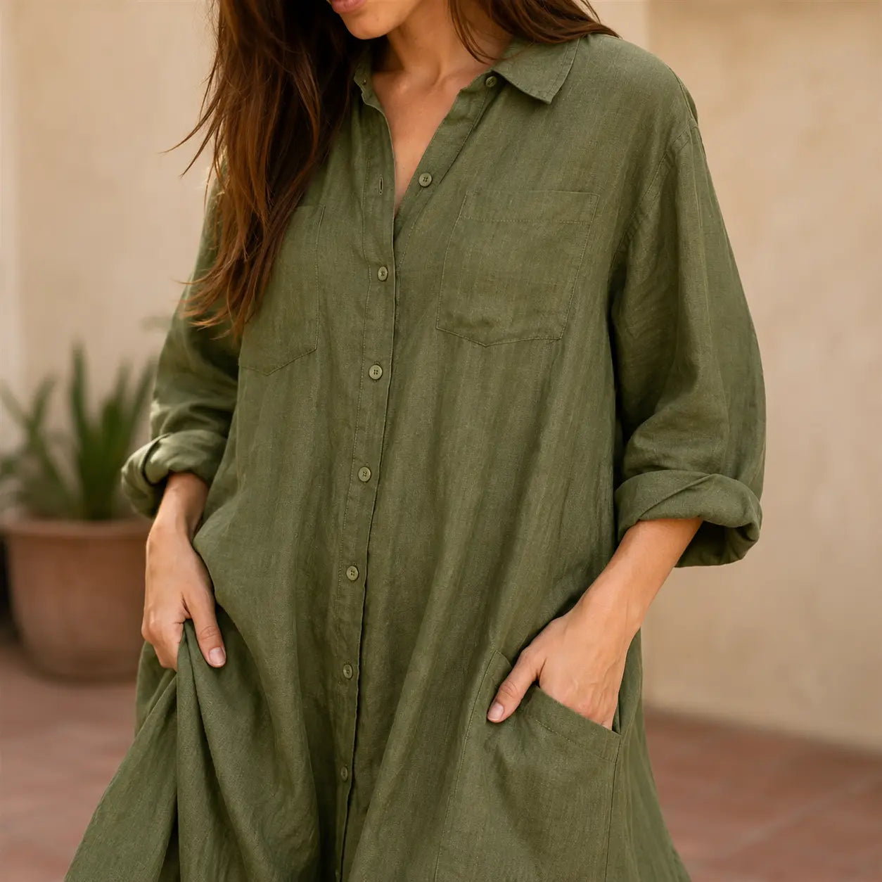 Seapoom Women’s Cotton Linen Button-Down Maxi Shirt Dress with Pockets