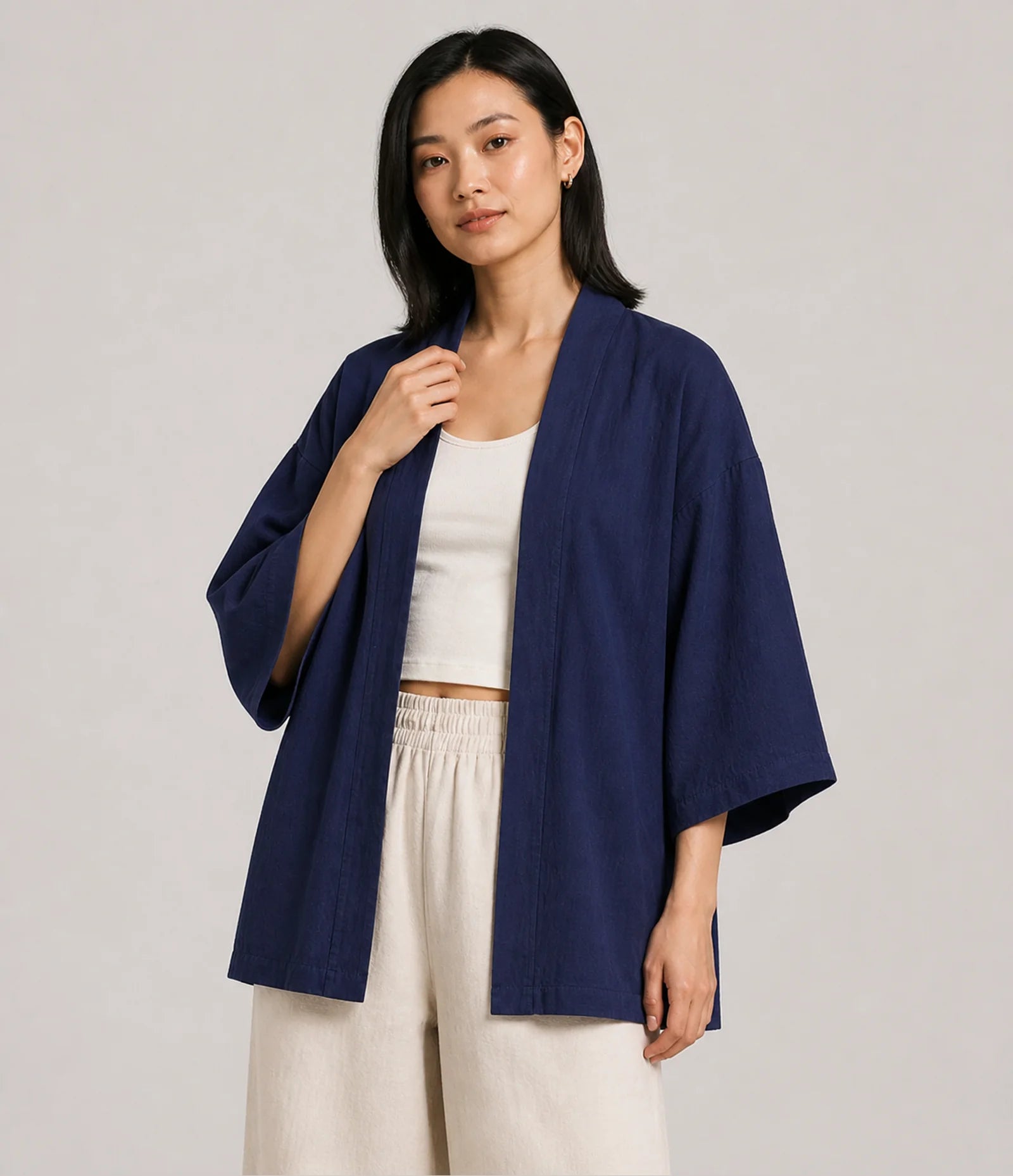 100% Cotton Japanese Haori Kimono Jacket - Lightweight Navy Kimono Cardigan