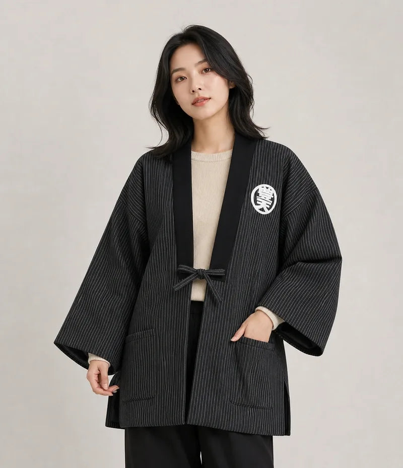 Seapoom Black Cotton Pinstripe Padded Hanten Kimono Jacket