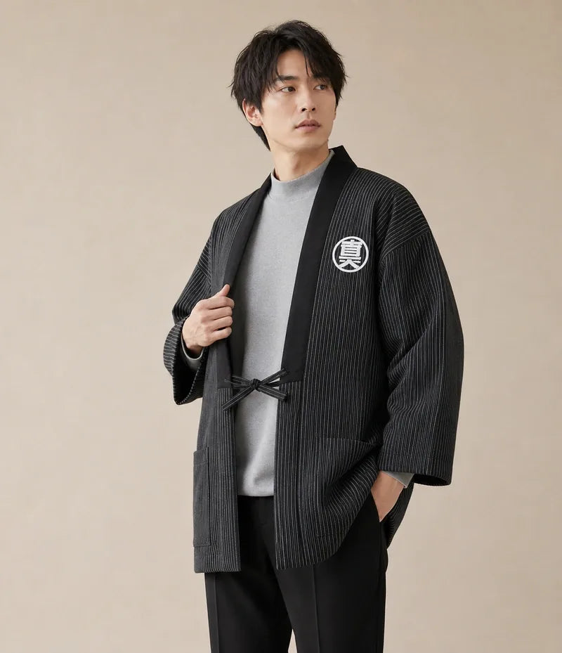 Seapoom Black Cotton Pinstripe Padded Hanten Kimono Jacket