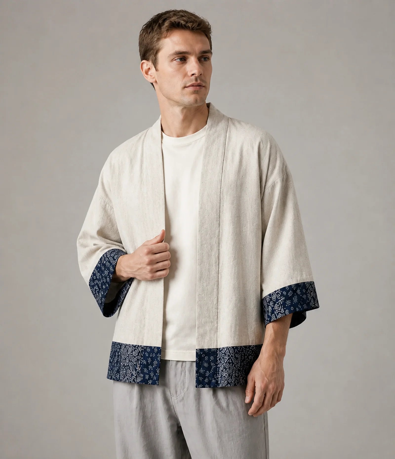 100% Cotton Japanese Kimono Jacket - Natural Patchwork Haori