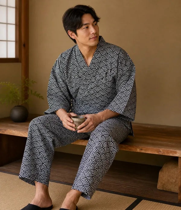 Seapoom Men's Seigaiha Samue Japanese Cotton Kimono Pajamas Set