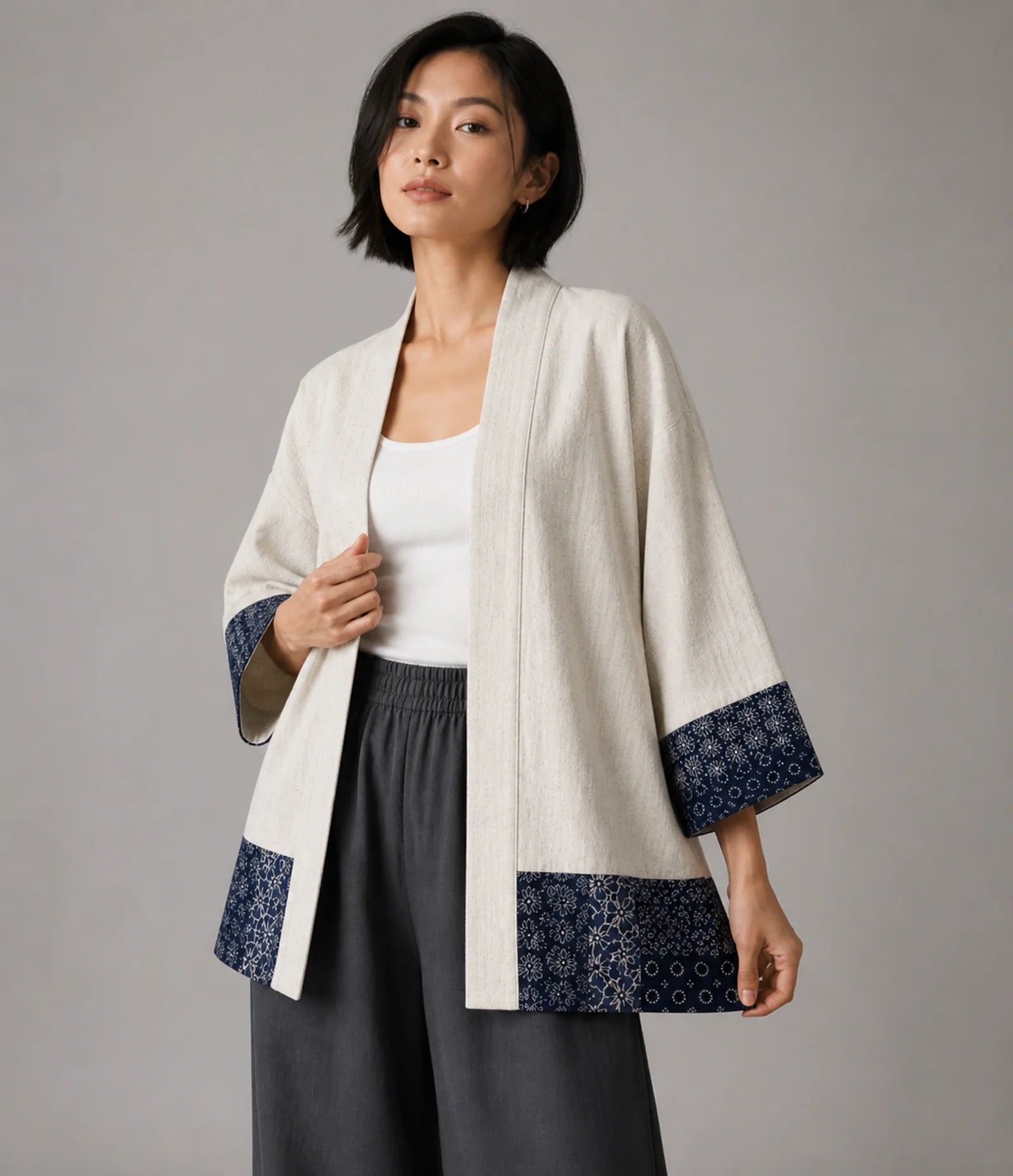 100% Cotton Japanese Kimono Jacket - Natural Patchwork Haori