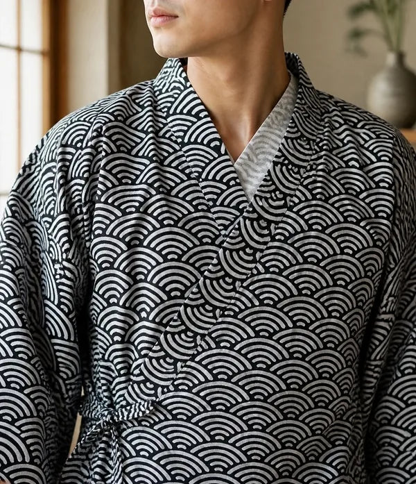 Seapoom Men's Seigaiha Samue Japanese Cotton Kimono Pajamas Set