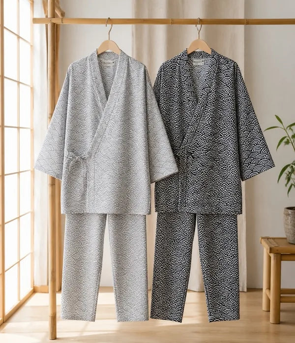 Seapoom Men's Seigaiha Samue Japanese Cotton Kimono Pajamas Set