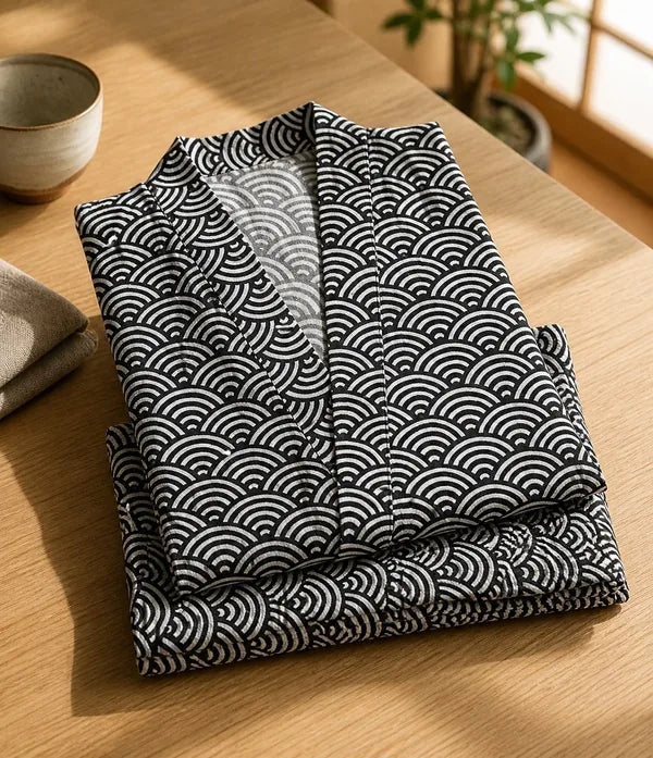 Seapoom Men's Seigaiha Samue Japanese Cotton Kimono Pajamas Set