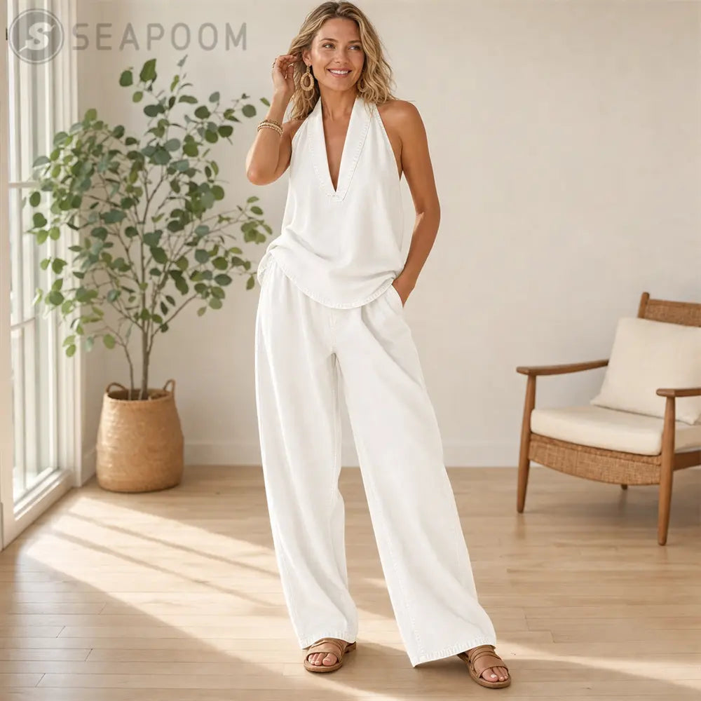 Seapoom Women's Denim Cotton Halter V-Neck Two Piece Set