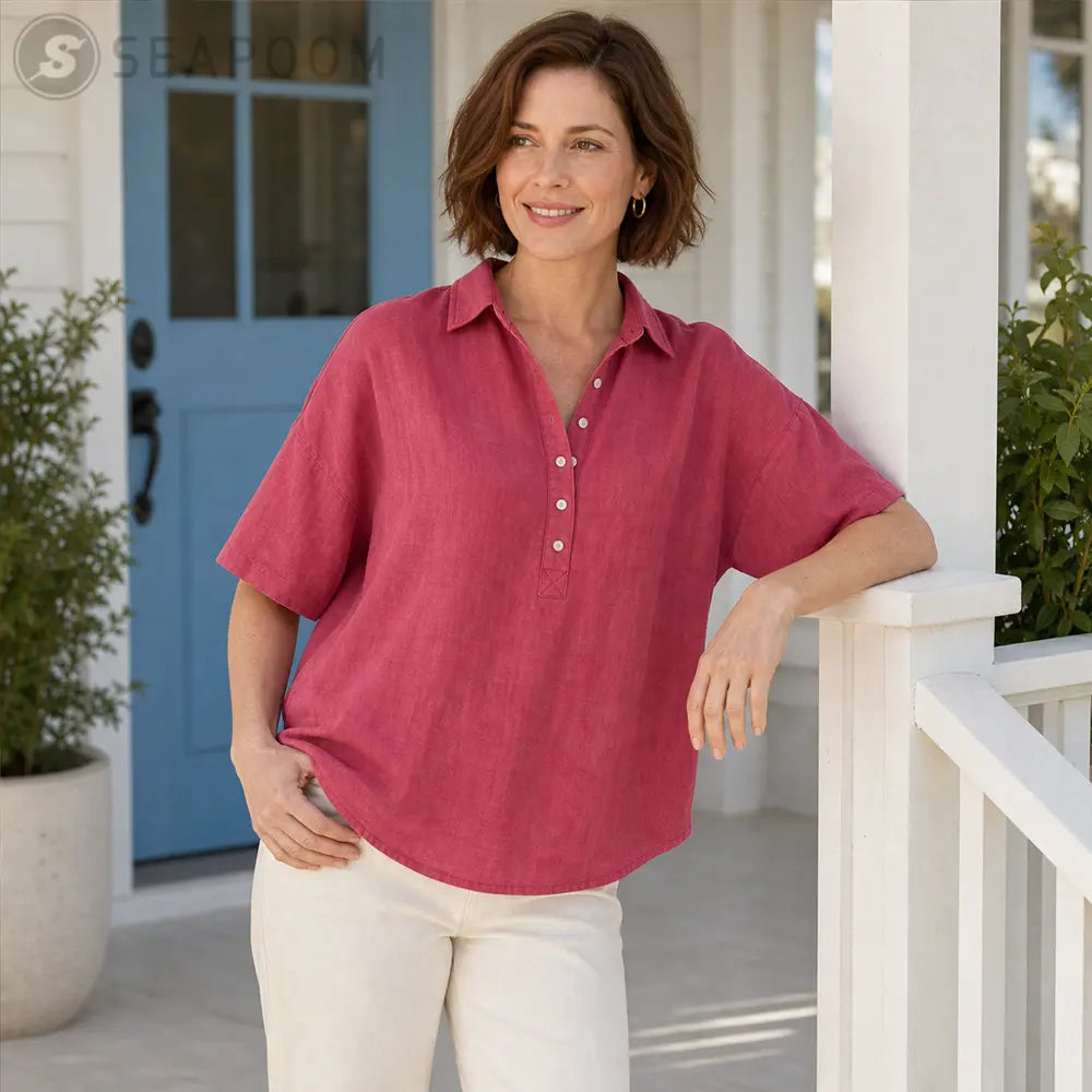 Seapoom Women’s Linen Short Sleeve Polo Top