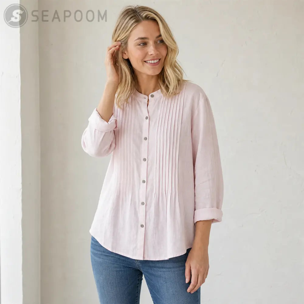 Seapoom Women’s Cotton Button Front Pintuck Blouse