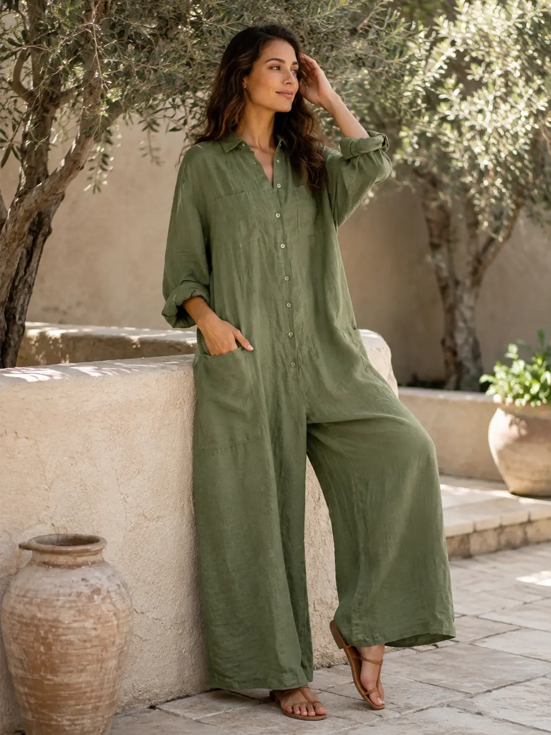 Seapoom Women’s Cotton Linen Button-Down Maxi Shirt Dress with Pockets